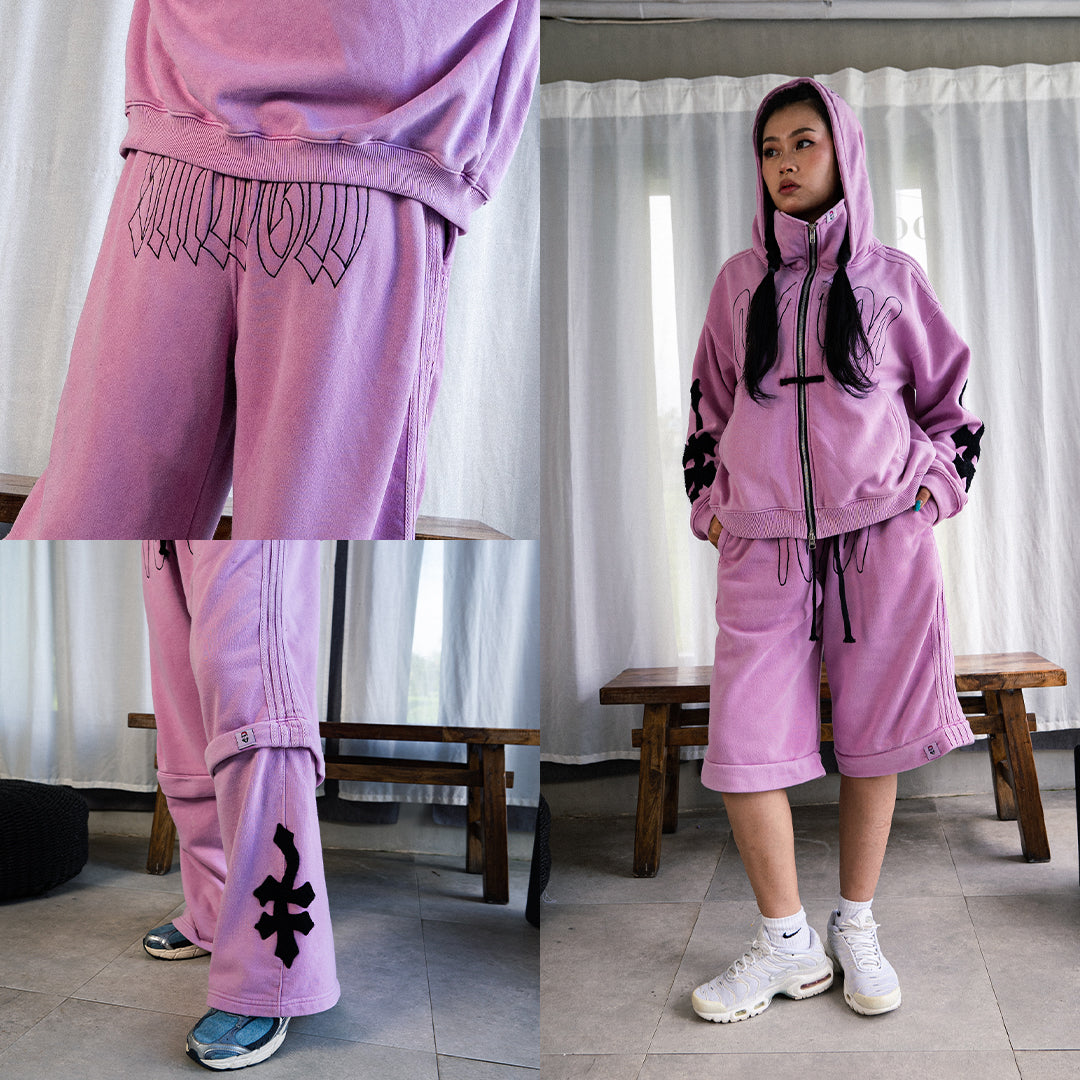 DENIMITUP × SMWGW H BLURRED 2-WAY TRACK PANTS (JORTS) - PINK WASHED
