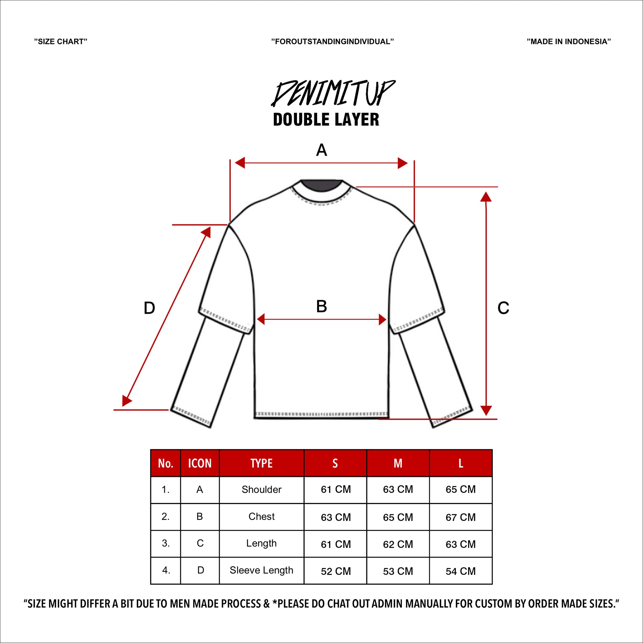 Size guide for Denimitup trilogo double layer - Dual black tee - Long Sleeve T-Shirt