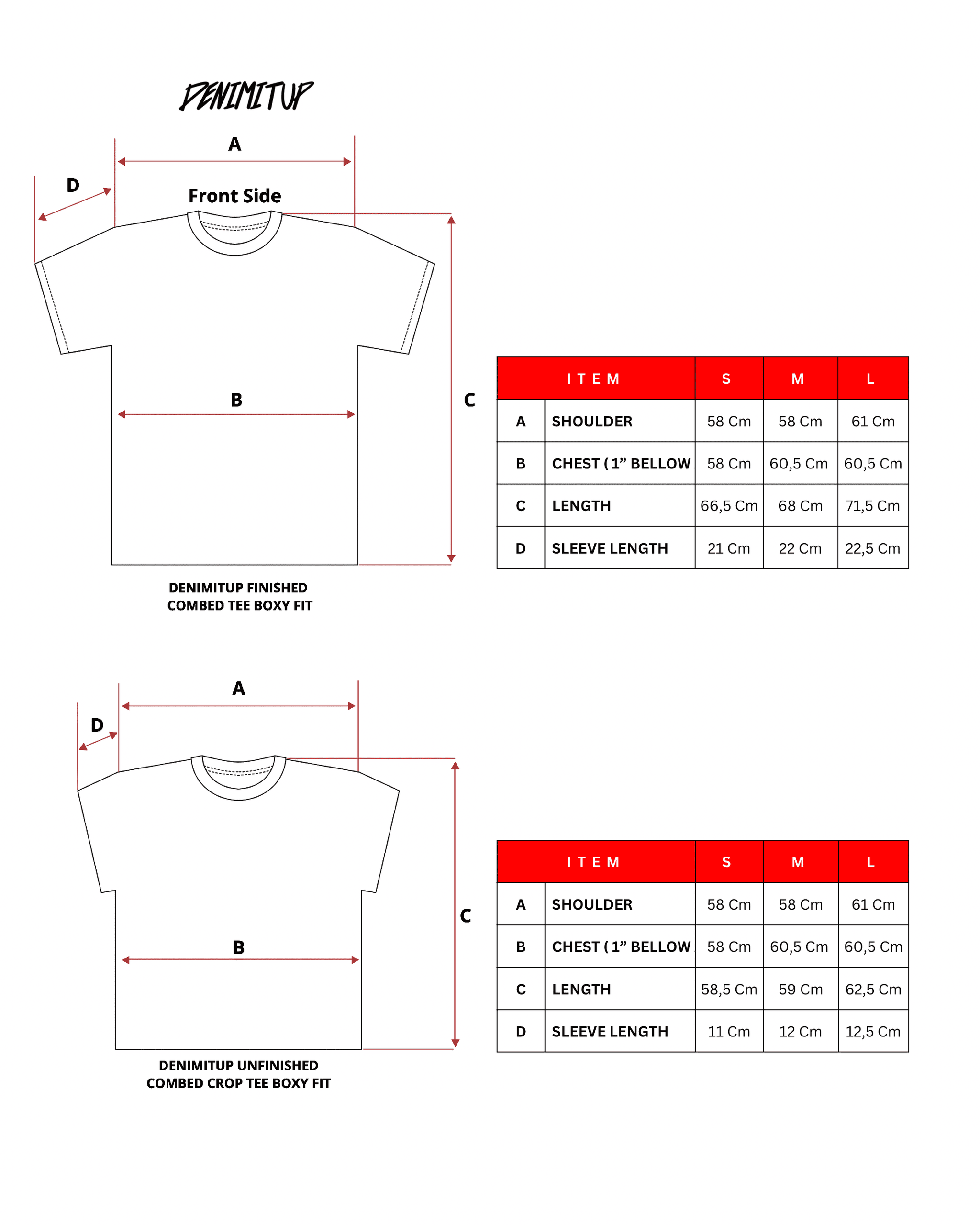 Size guide for Denimitup Logo Tee - Black On Pink
