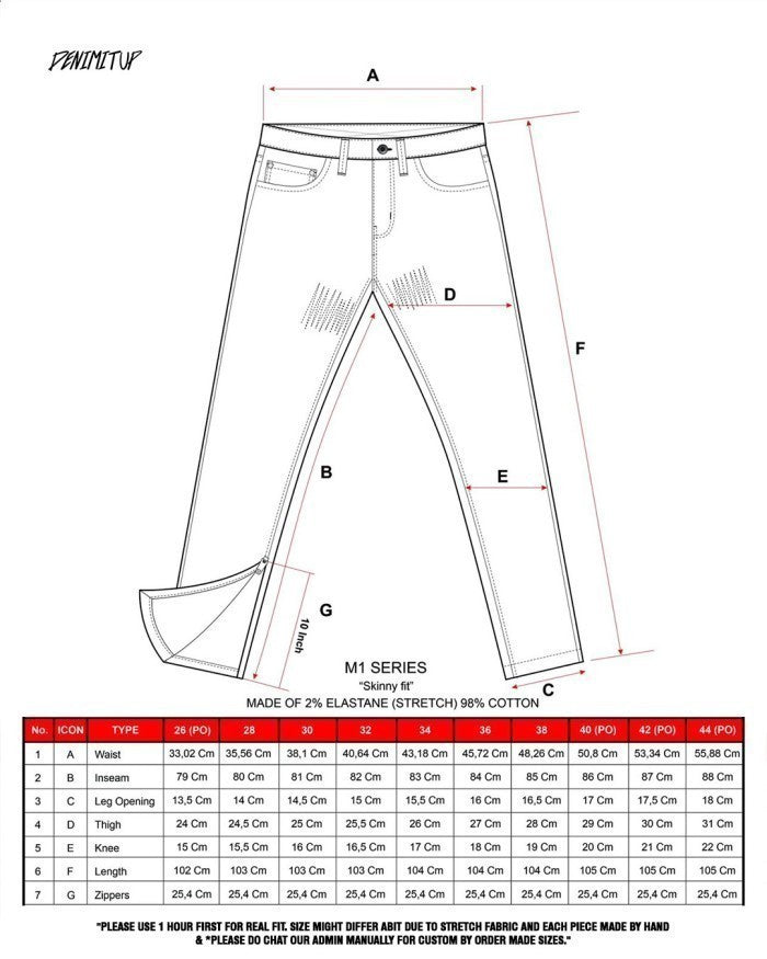 Size guide for M1 mid distressed - Rusted blue dual stripes - Jeans Pants