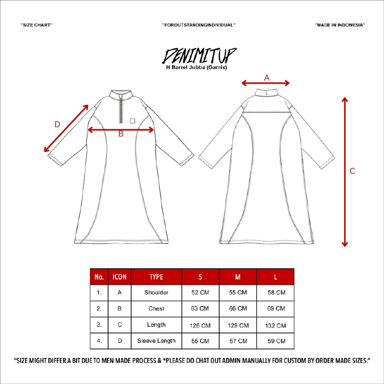 Size guide for H Barrel Jubba (Gamis) – Dual desert black