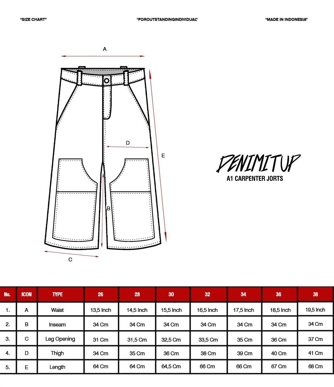 Size guide for A1 Carpenter Jorts - Ice blue - Men Short Pants