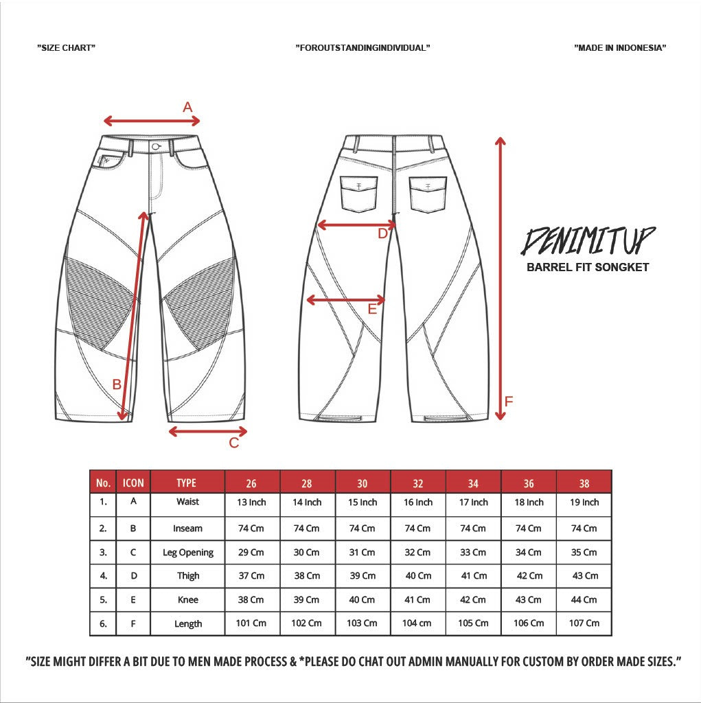 Size guide for A1 Wide Barrel Songket - Skull Bronze - Jeans
