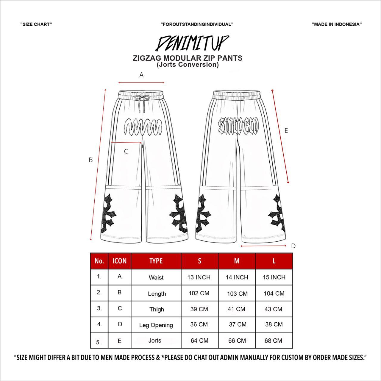 Size guide for DENIMITUP × SMWGW H BLURRED 2-WAY TRACK PANTS (JORTS) - WHITE RAW
