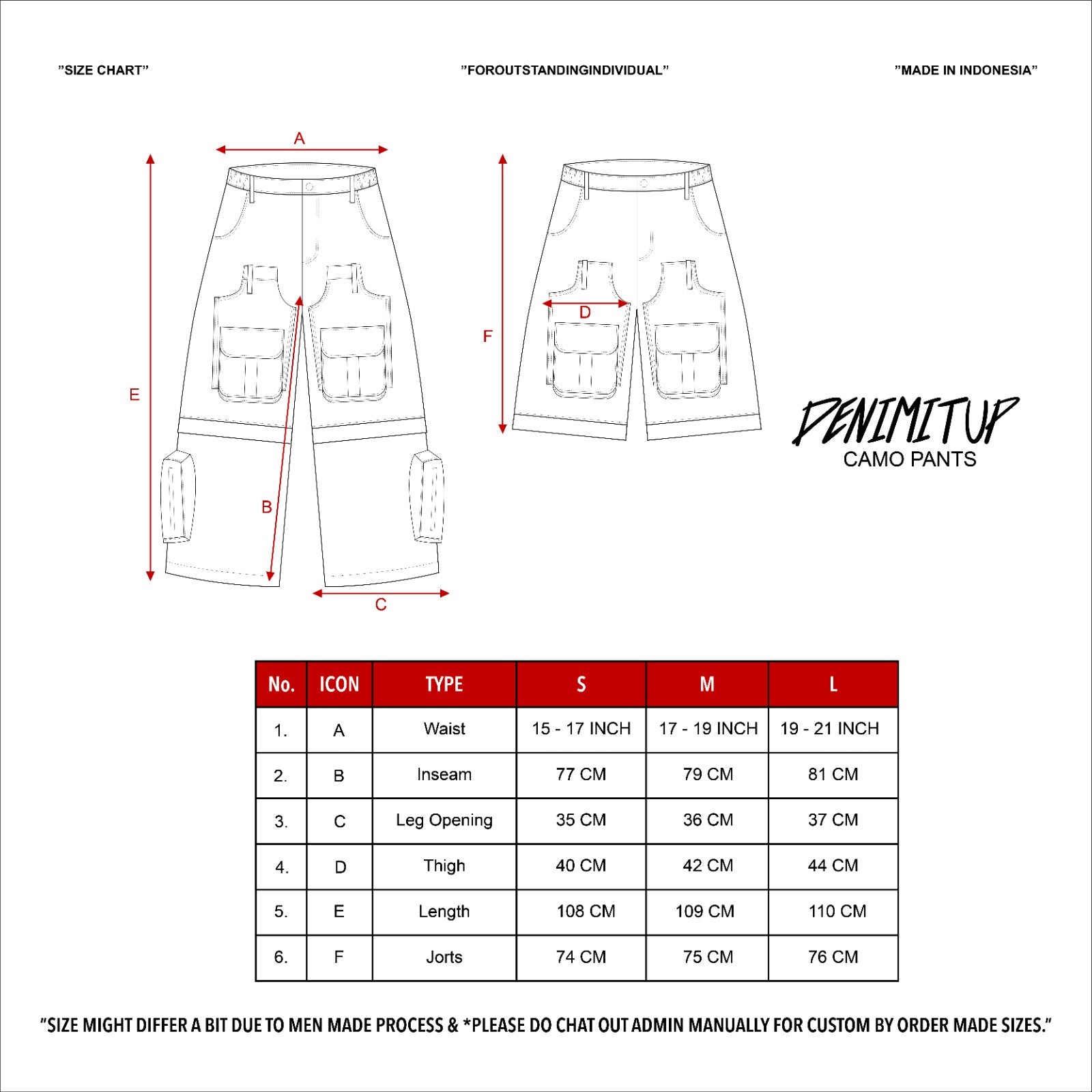 Size guide for Denimitup 2in1 Camouflage Brown Woodland - Jorts / Cargo Pants