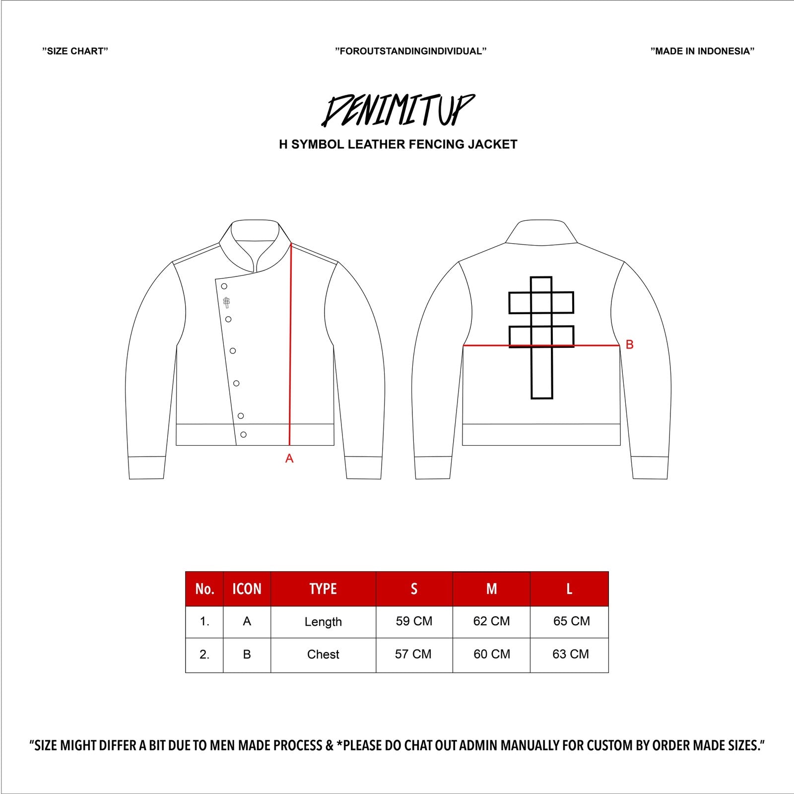 Size guide for Denimitup Symbol Fencing Leather Jacket - Black