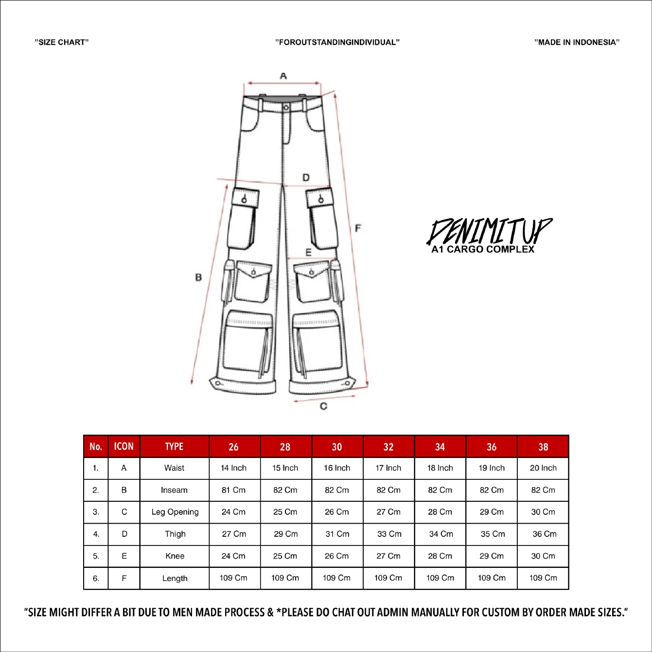 Size guide for A1 cargo complex - Chroma purple x Roycdc - Jeans Pants