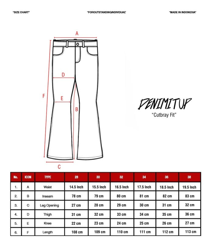 Size guide for A1 cutbray - Denimitup records x Roycdc embroidered raw - Jeans Pants