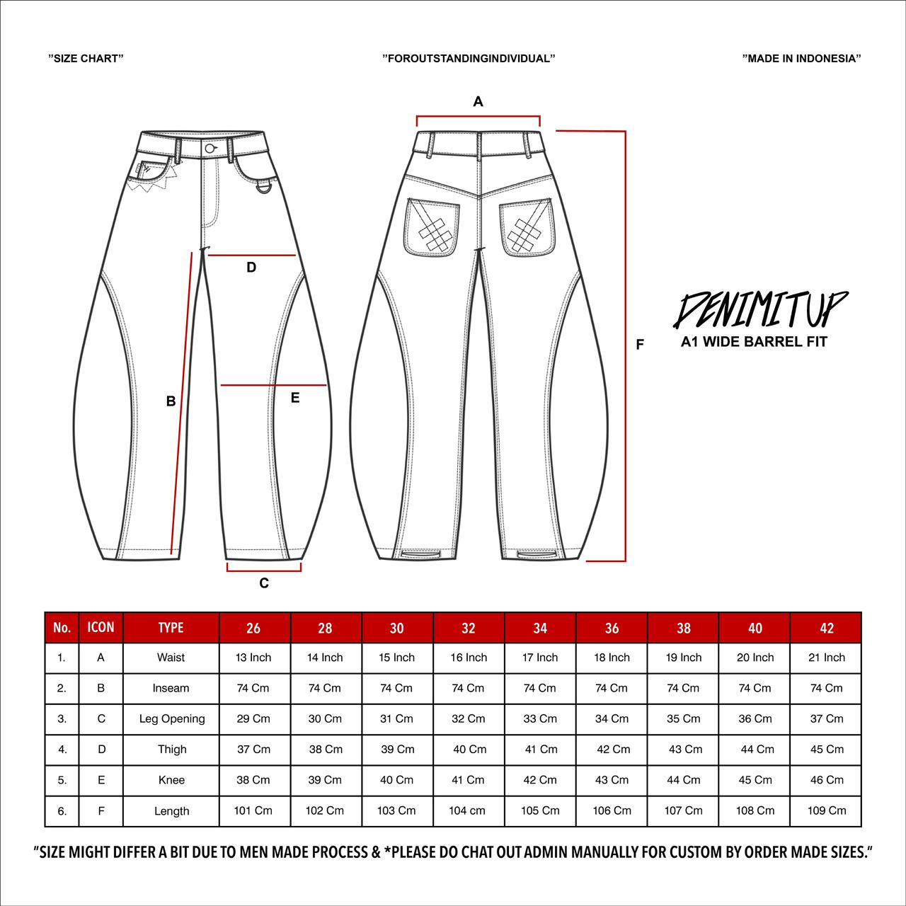 Size guide for A1 Wide Barrel - Dark Blue - Jeans