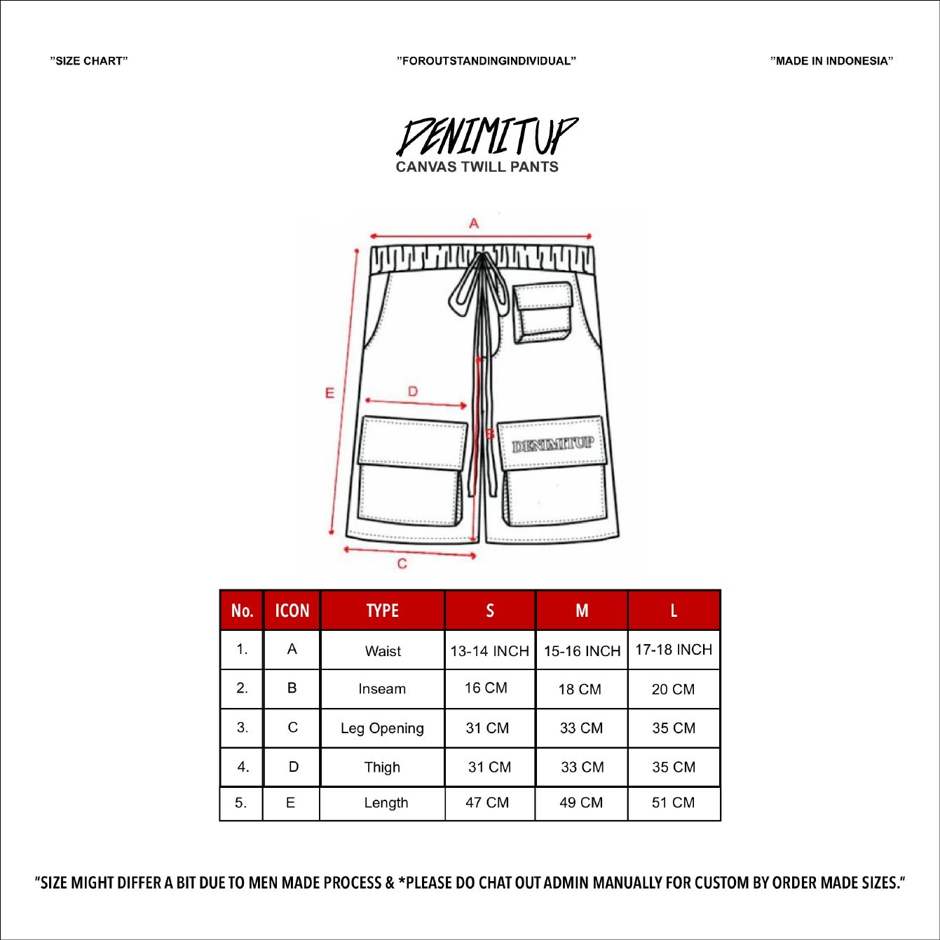 Size guide for DENIMITUP canvas twill pants - Black - Short Pants