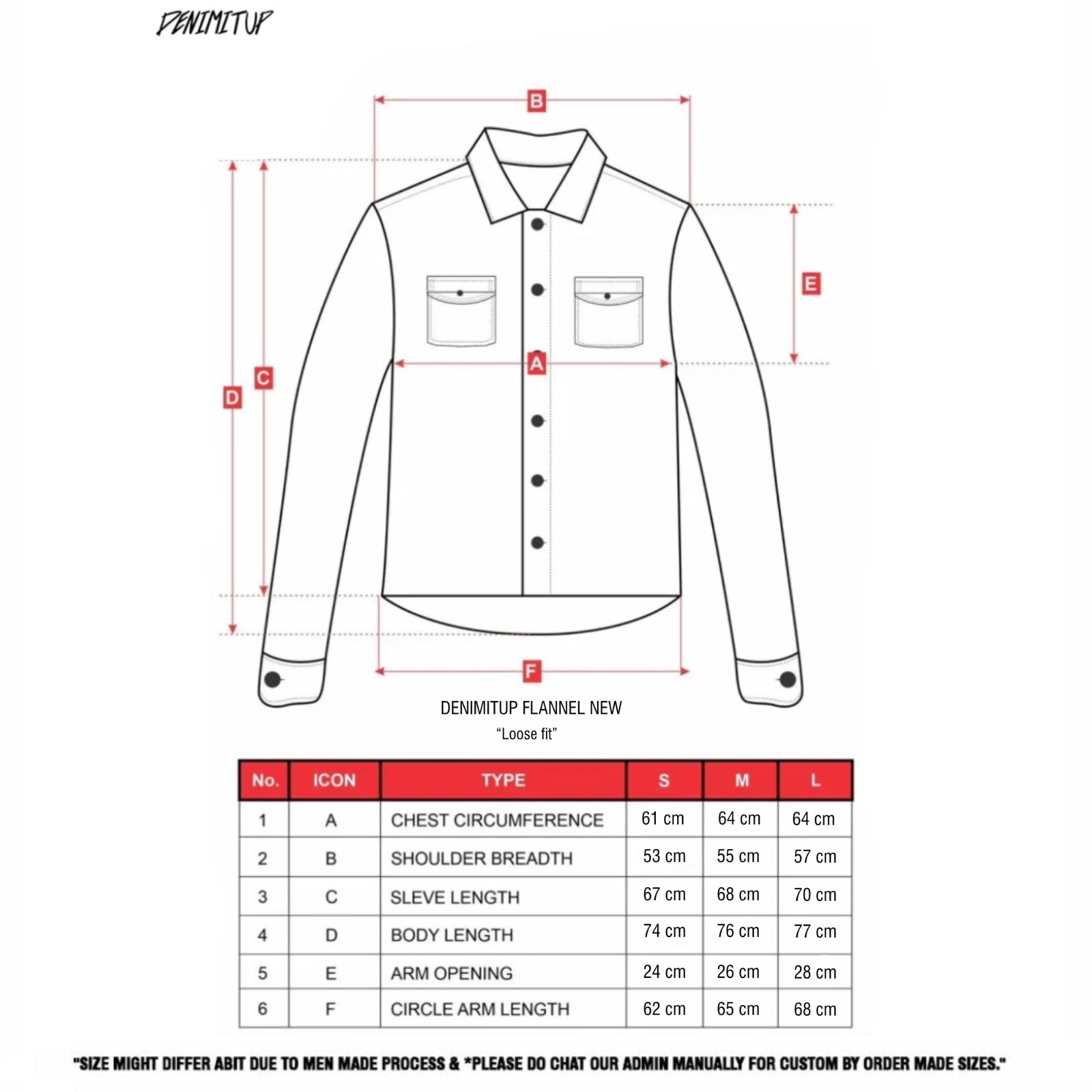 Size guide for DENIMITUP - Monochrome flannel - Men Shirt