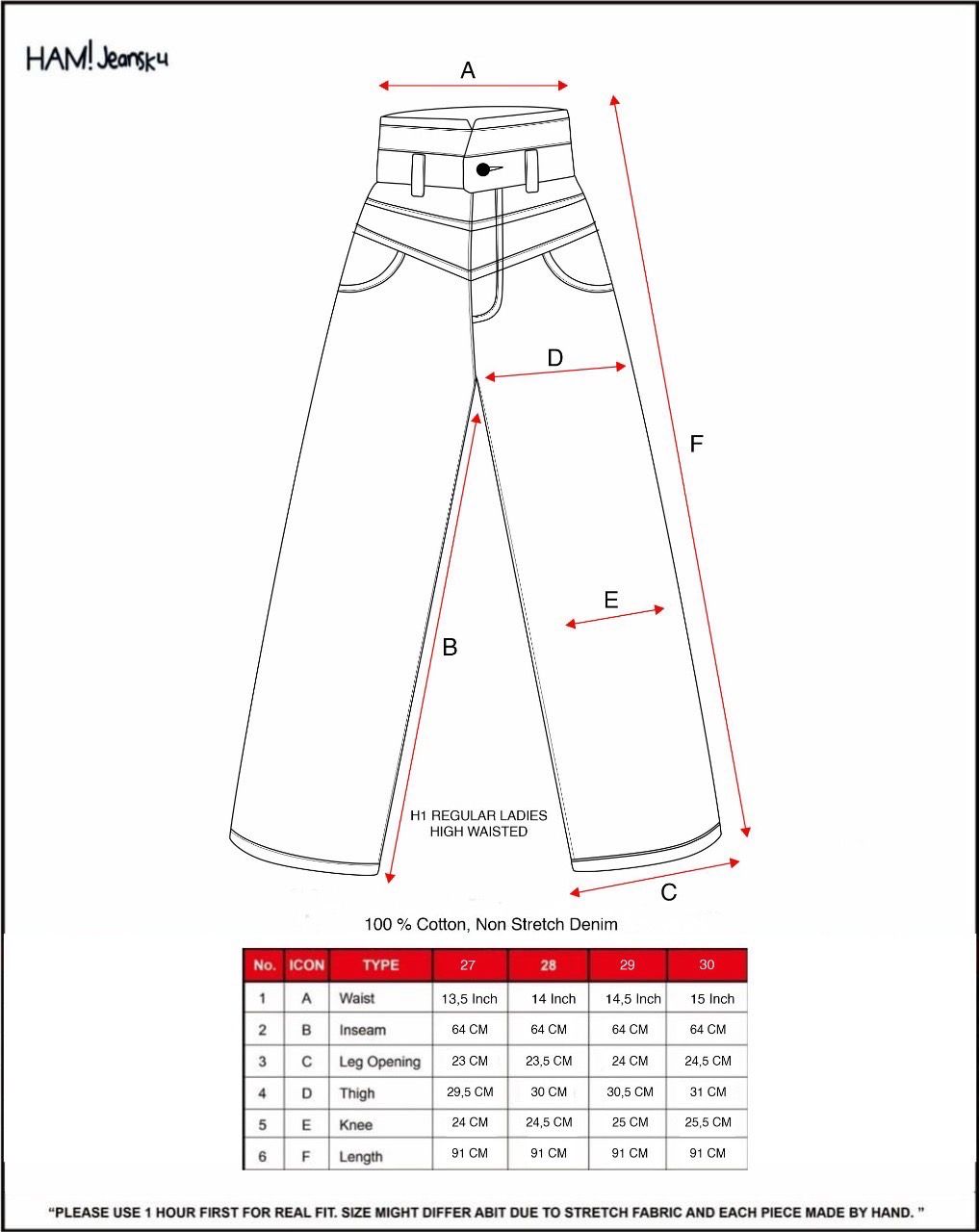 Size guide for A1 Ladies High Waisted - Clair bleu - Jeans Pants