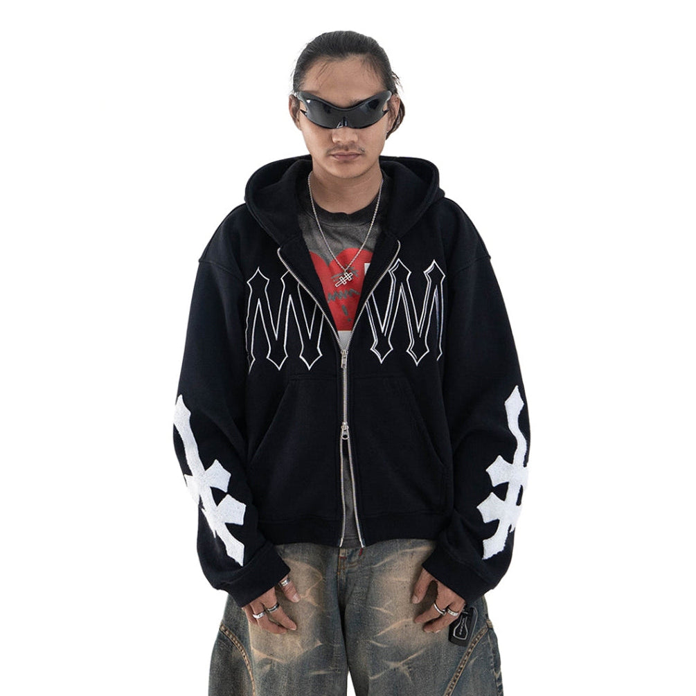 Denimitup H zigzag Double Zip - Jet Black - Hoodie – DENIMITUP