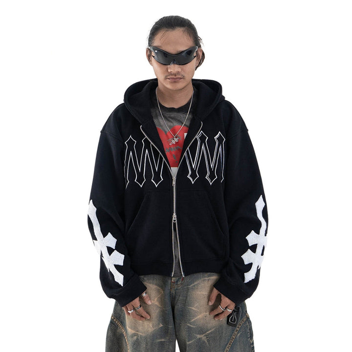 Denimitup H zigzag Double Zip - Jet Black - Hoodie – DENIMITUP
