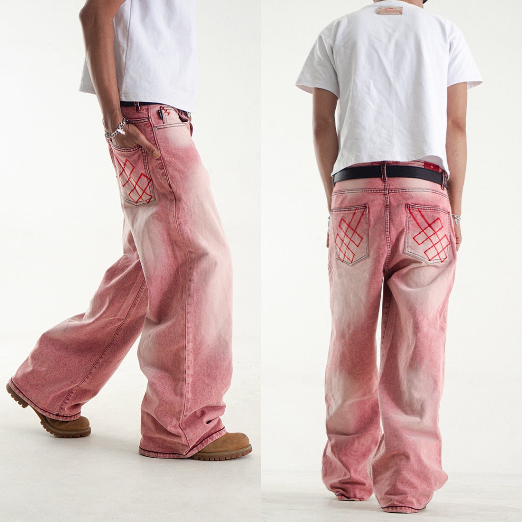 H1 Baggy H Embroidered Back Pocket - Pink Washed - Jeans – DENIMITUP