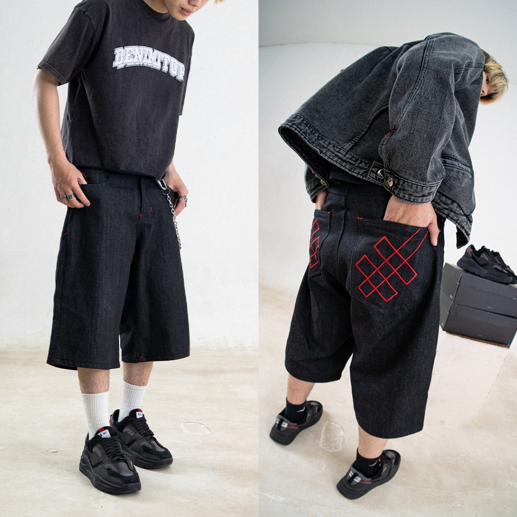 H1 Embroidered Jorts - Black Raw - Jeans – DENIMITUP