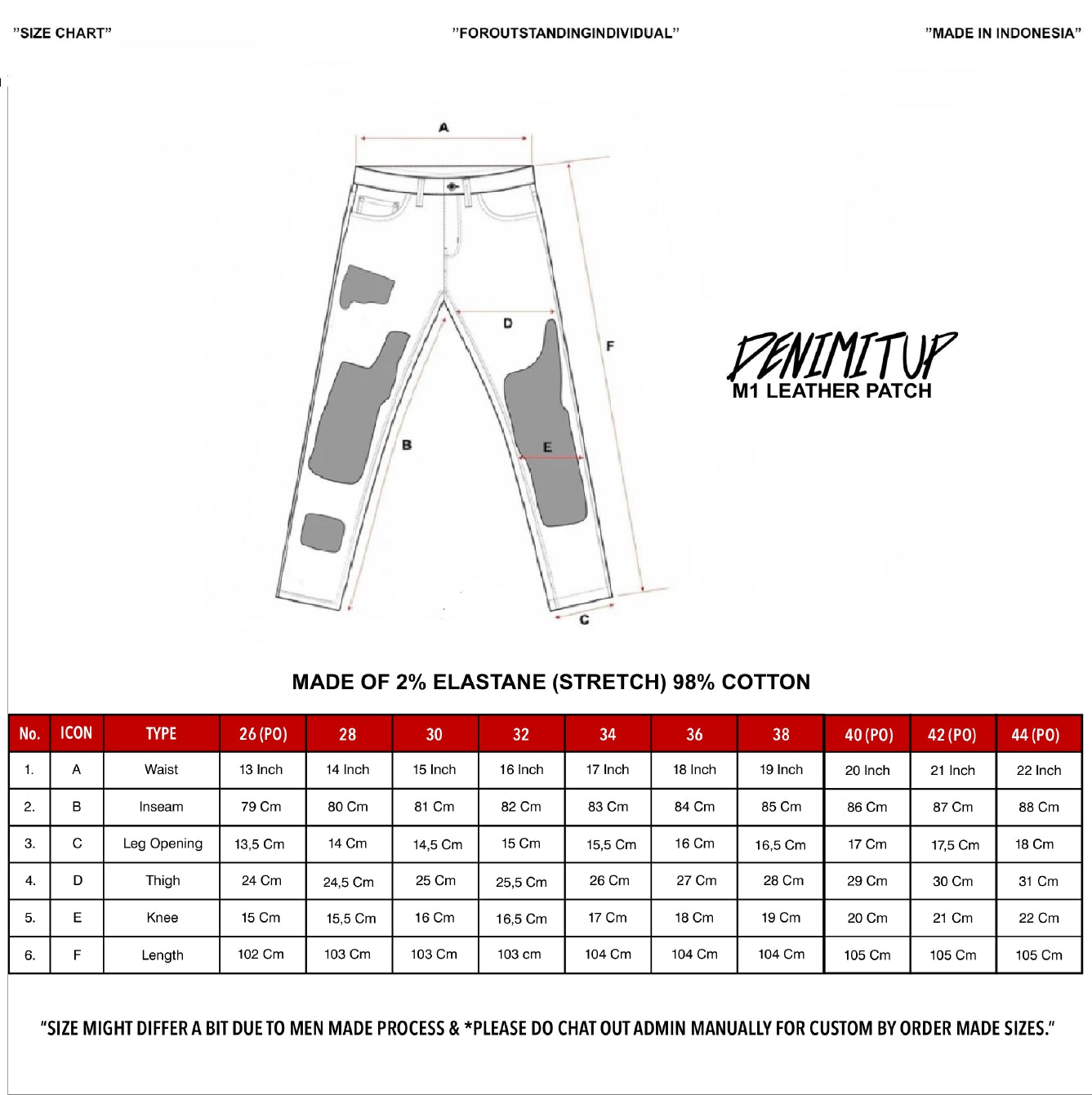 Size guide for M1 Leather Patch - Light grey - Jeans Pants