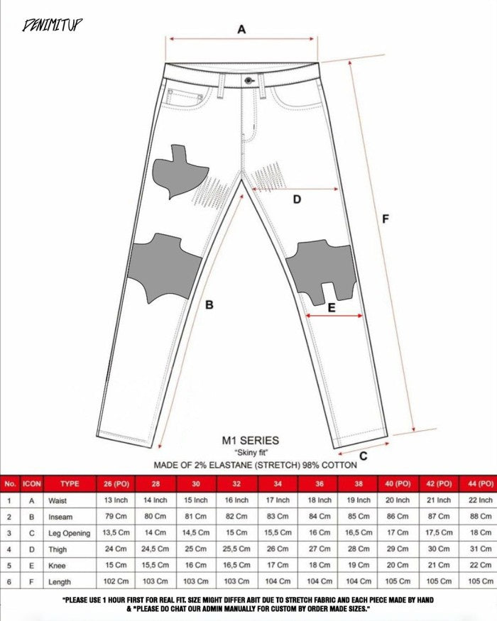 Size guide for M1 Tri Leather - Acid Cream & Van Gogh Splatter - Jeans