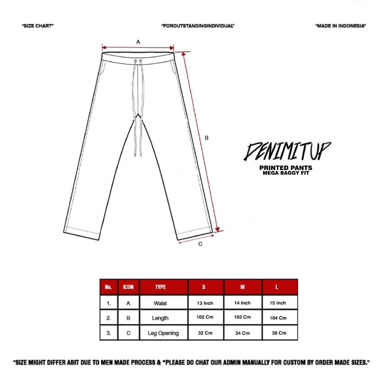 Size guide for Mega Baggy Fleenim - Cartoon Chain Faded Blue - Long Pants