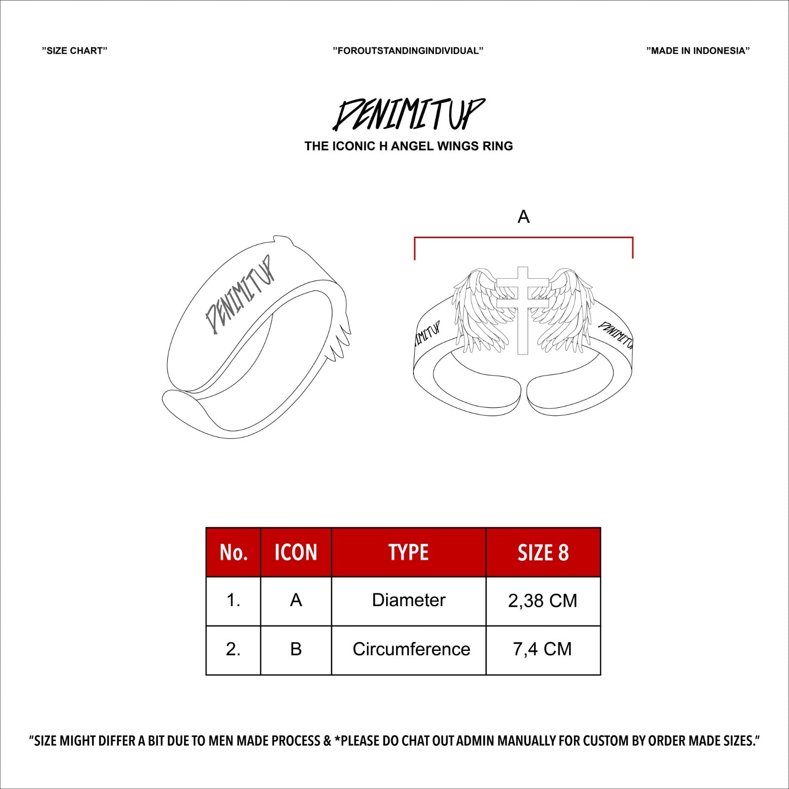 Size guide for Iconic H Angel Wings - Ring