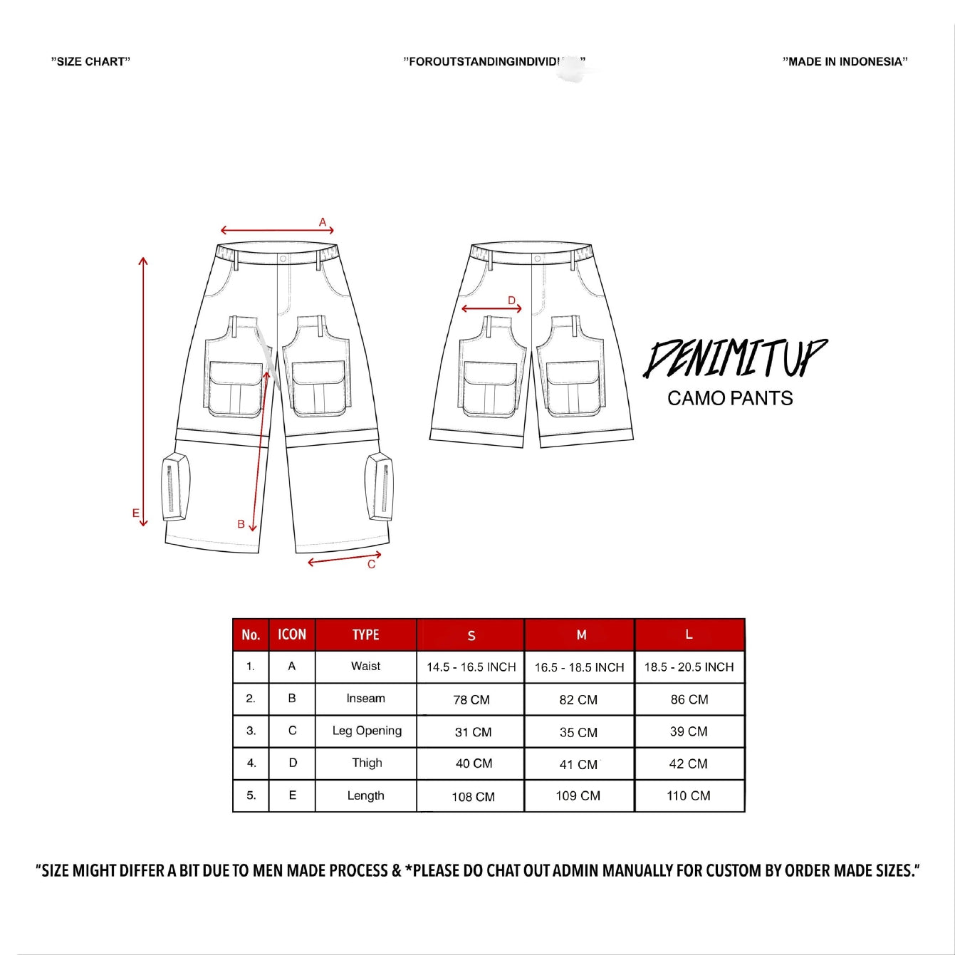 Size guide for Denimitup 2-IN-1 - Camouflage - Jorts / Cargo Pants