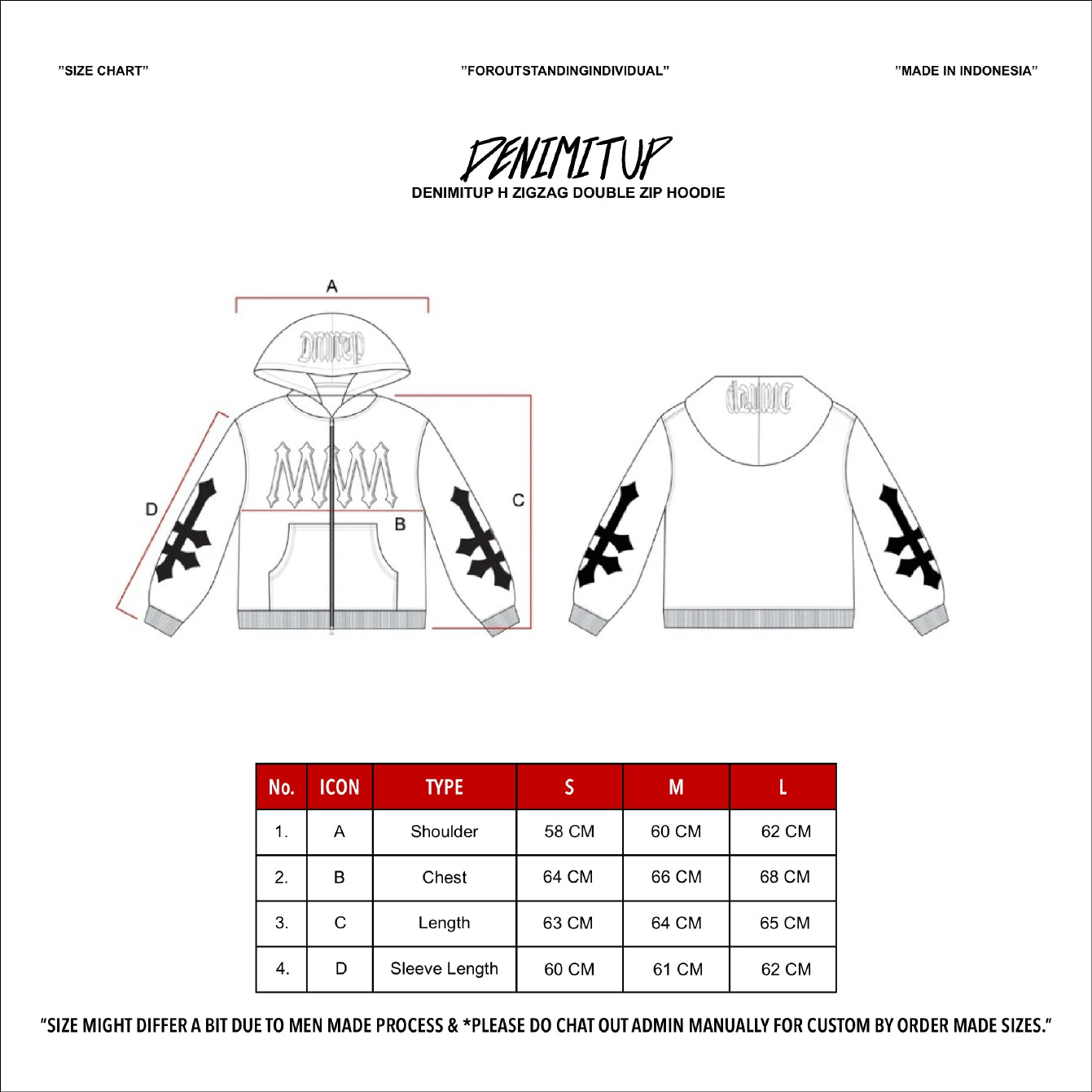 Size guide for Denimitup H zigzag Double Zip - Jet Black - Hoodie
